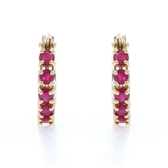 Yellow Gold Ruby Hoop Earrings - 14k Round 1.40ctw Pierced - Picture 1 of 4
